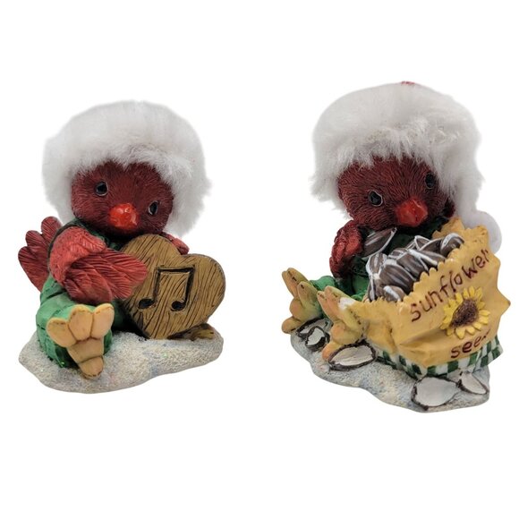 Vintage 1996 Christmas Card ENESCO Cardinal Bird Figurine Set Of 2 Santa Hats - Picture 1 of 14